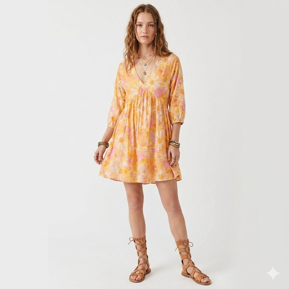 H&M Yellow Floral‎ Babydoll Mini Dress Small 70s Retro Boho Hippie Mod Festival